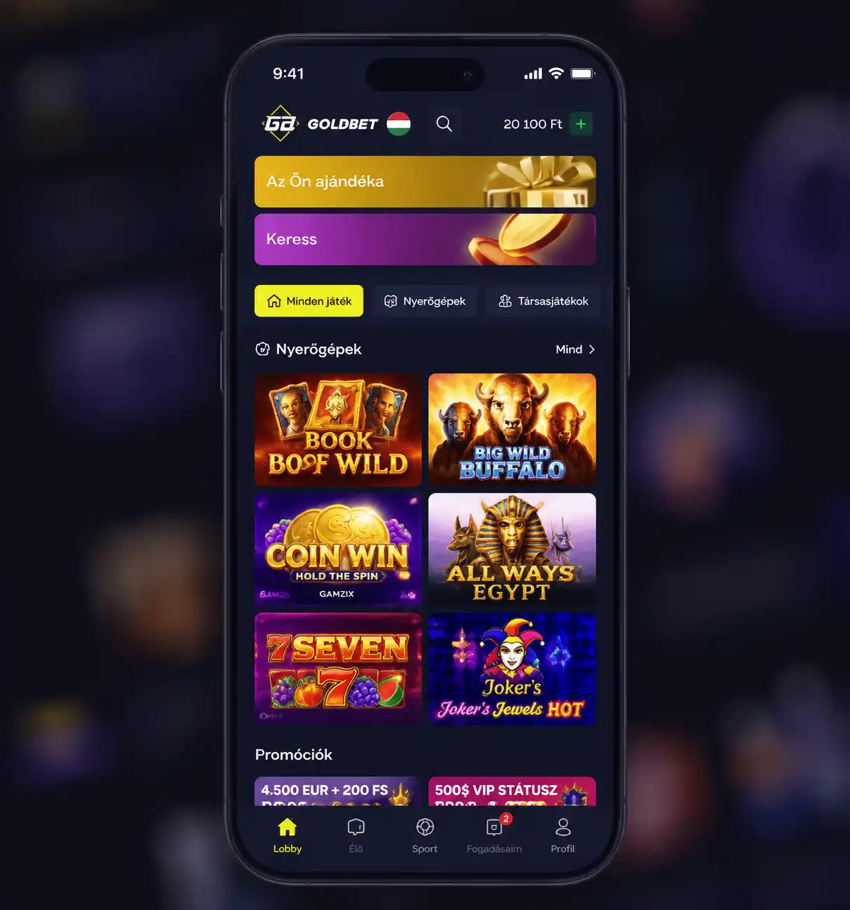 Goldbet mobilalkalmazás okostelefonon — kaszinó lobby és navigációs menü