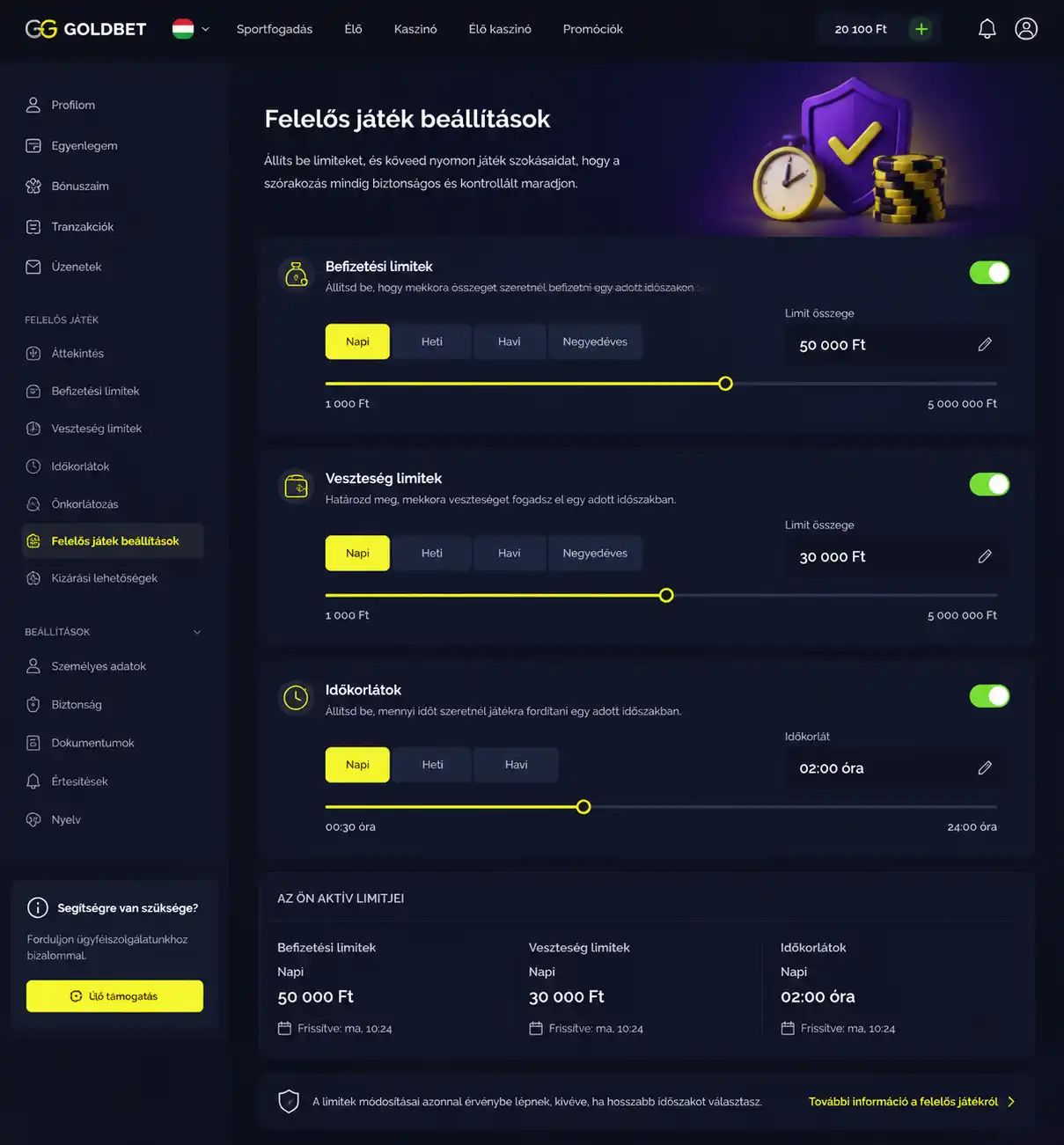 Goldbet felelős játék beállítási oldala — befizetési limit és játékidő-korlát